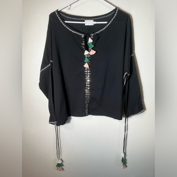 FLANNEL America Boho Tasseled Embroidered Peasant‎ Blouse Size S/M - Picture 2 of 7